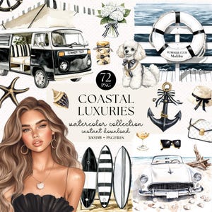 Puede incluir: Ilustración en acuarela con elementos costeros. Incluye una furgoneta en blanco y negro, tablas de surf, un caniche, un ancla y una mujer. El texto "Coastal Luxuries" y "Summer Tour" es visible. Tema de playa.