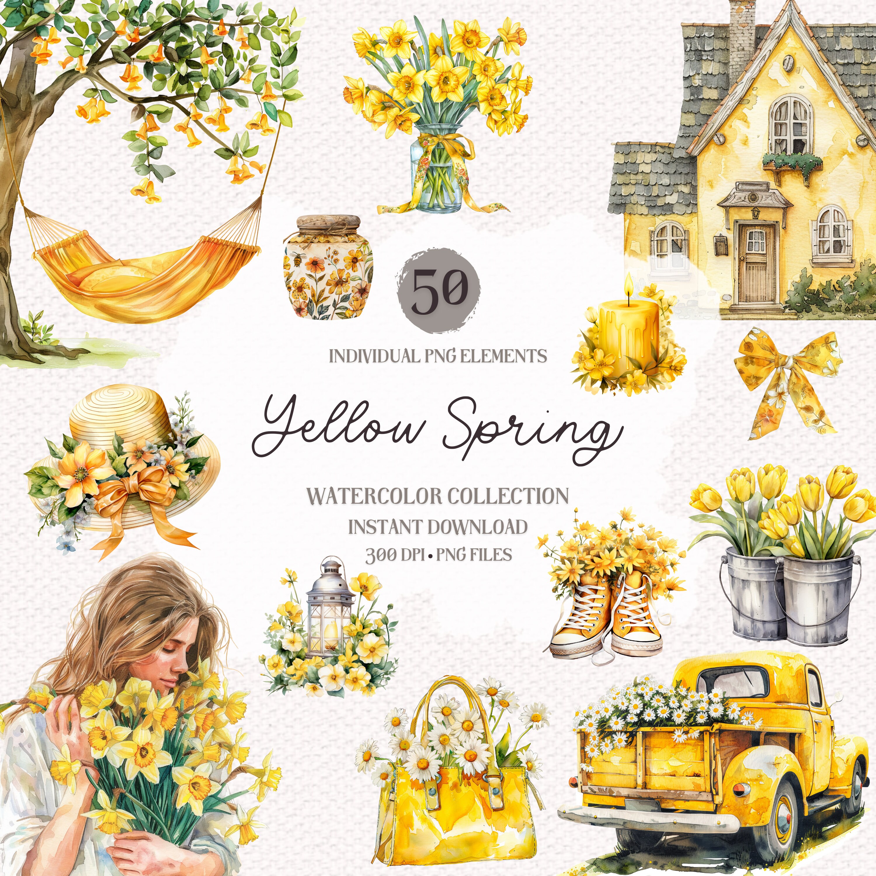 Yellow Spring Design Yellow Spring Clipart Bundle: 50 Watercolor PNG Designs (digital ...