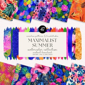 May include: A collection of 47 seamless patterns and brushstrokes with a "MAXIMALIST SUMMER" theme. The watercolor collection features vibrant floral and abstract designs in pink, blue, and orange hues. The text indicates instant download availability in PNG and JPEG files.