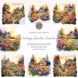 May include: A collection of 27 watercolor illustrations featuring cottage gardens with houses, flowers, and paths. The illustrations are set against a sunset backdrop.  The text "Cottage Garden Sunsets" is displayed in the center of the image.