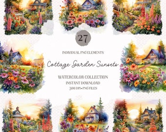 Clipart Cottage Garden-zonsondergang: aquarel lentecollectie (27 png-bestanden)