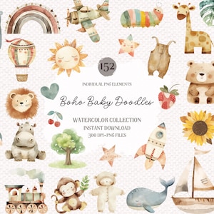 Clipart de acuarela de bebé boho, Prediseñadas de animales de guardería, Garabatos de bebé boho, Imágenes prediseñadas de ducha de bebé, Doodle de niño boho recién nacido png, Sublimación