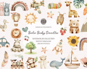 Clipart de acuarela de bebé bohemio: Garabatos de animales (PNG, descarga digital)