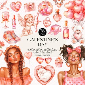 Galentinstag Aquarell Clipart Bundle - 76 PNG-Dateien - Valentinstag Digital Art - Süß Amor, Herzen, Luftballons, Galentinstag Party