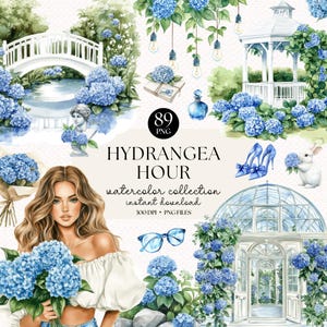 Op de afbeelding: Waterverzameling genaamd "Hydrangea Hour" met diverse elementen: een vrouw met blauwe hortensia's, een prieel, een brug en een kas. Inclusief hoge hakken, een bril en een konijn. De collectie biedt 89 PNG-bestanden.