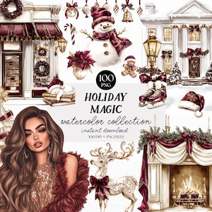 May include: A watercolour illustration with a festive theme. The image includes a woman, a snowman, a fireplace, and a shop, all decorated with burgundy and gold accents. Text reads "Holiday Magic watercolor collection instant download 300 DPI PNG files."