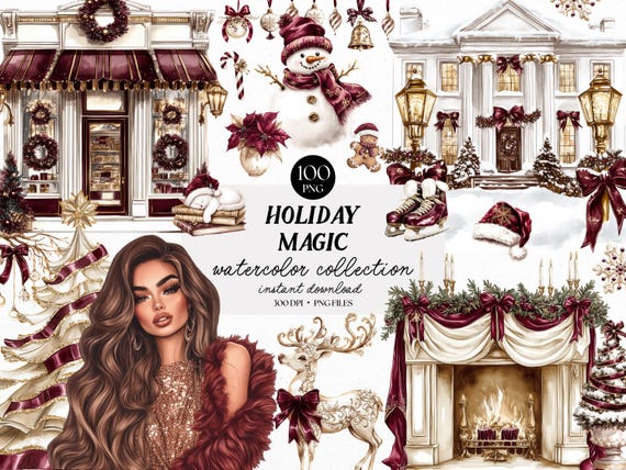 Watercolor Christmas Clipart Bundle: Burgundy & Gold Holiday PNG (Digital Download)