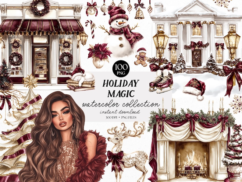 May include: A watercolour illustration with a festive theme. The image includes a woman, a snowman, a fireplace, and a shop, all decorated with burgundy and gold accents. Text reads "Holiday Magic watercolor collection instant download 300 DPI PNG files."