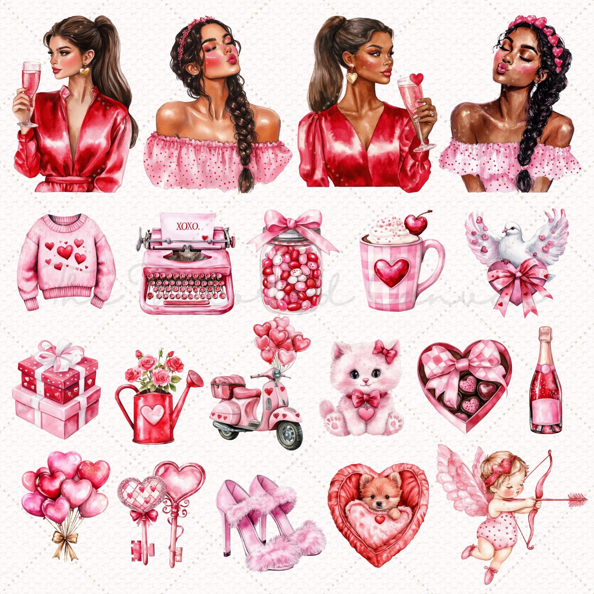 Trendy Romance Watercolor Clipart Collection 95 Pngs, Valentines Day ...