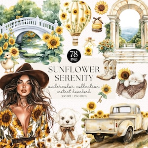 Sunflower Watercolor Clipart Collection: Rustic Country PNG Elements (Digital Download