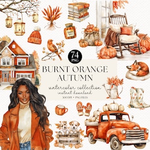 Pacote de clipart de outono laranja queimada em aquarela - PNGs de outono Cottagecore, adesivos fofos de outono e decorações de scrapbooking, clipart de outono rústico