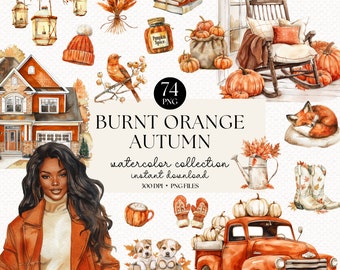 Burnt Orange Autumn Watercolor Clipart Bundle: Cottagecore PNGs (Digital Download)