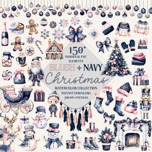 Blush Pink und Marine Weihnachten Clipart Png Bundle - 150 hochwertige Pngs, Winterkollektion, Aquarell Urlaub Clip Art, Sublimation Designs
