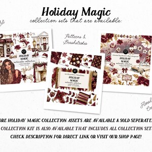 May include: Image of three digital art sets titled "Holiday Magic." The sets are labelled "Clipart Set," "Patterns & Brushstrokes," and "Floral & Scene Creator Set." Each set contains watercolour illustrations with festive themes.