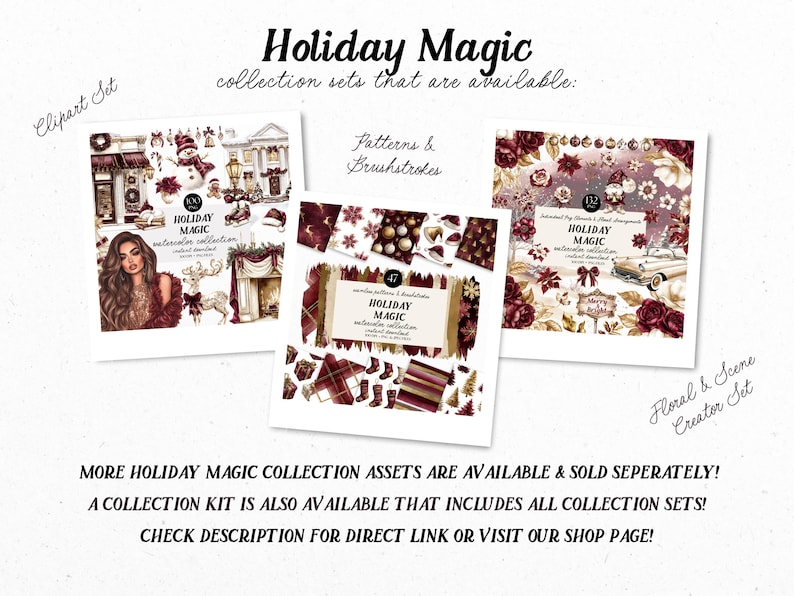 May include: Image of three digital art sets titled "Holiday Magic." The sets are labelled "Clipart Set," "Patterns & Brushstrokes," and "Floral & Scene Creator Set." Each set contains watercolour illustrations with festive themes.