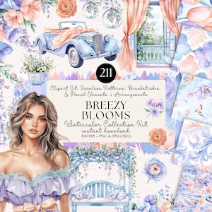 Breezy Blüten Aquarell Clipart, Florals & Muster Kit | 211 PNG JPEG Elemente, nahtlose Designs und Pinselstriche, sofortiger digitaler Download