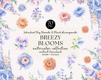 Clipart de flores de acuarela pastel: 70 elementos florales PNG (descarga digital)