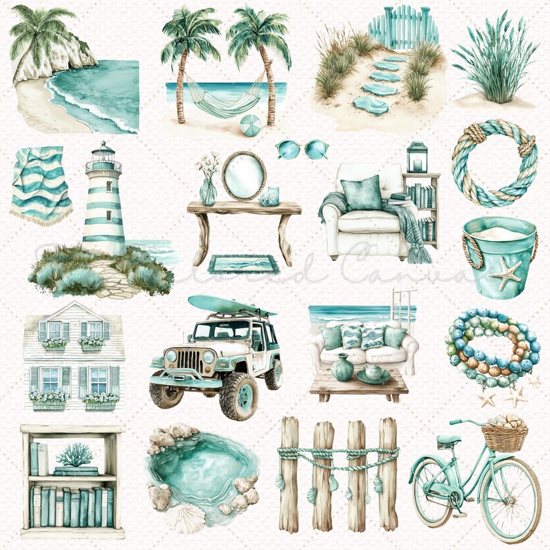 May include: Watercolor illustrations of coastal and beach-themed elements. The image includes a lighthouse, a jeep with a surfboard, a hammock, a bicycle, a sofa, and a variety of other beach-related objects in shades of blue, green, and beige.