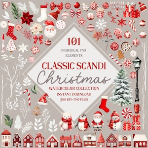 Paquete de imágenes prediseñadas navideñas clásicas escandinavas, paquete de imágenes PNG de acuarela navideña escandinava, gráficos navideños, adornos, imágenes prediseñadas de invierno