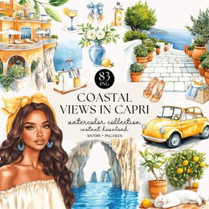 Pode incluir: Ilustração em aquarela intitulada "Coastal Views in Capri" com um carro amarelo, uma mulher com um lenço amarelo e vários elementos costeiros. A imagem inclui um mar azul, um gato branco e o texto "83 PNG".