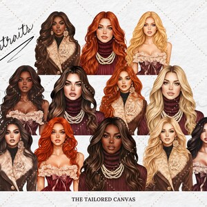 May include: Digital portraits of women with various hairstyles and skin tones. Some wear fur-trimmed jackets, others have pearl necklaces or burgundy tops. The word "portraits" is written in cursive, and the text "THE TAILORED CANVAS" is at the bottom.