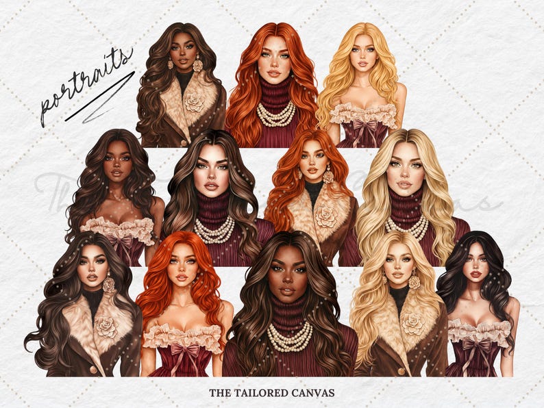 May include: Digital portraits of women with various hairstyles and skin tones. Some wear fur-trimmed jackets, others have pearl necklaces or burgundy tops. The word "portraits" is written in cursive, and the text "THE TAILORED CANVAS" is at the bottom.