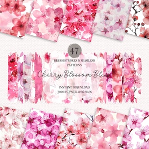 Paquete de patrones sin costuras y pinceladas de flor de cerezo - 47 PNG y JPEG de alta calidad, colección de primavera, acuarela, papeles digitales