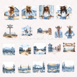 May include: A set of watercolor illustrations featuring a western theme. The illustrations include a woman wearing a cowboy hat and jeans, a cowboy riding a horse, a western town, and a desert landscape with cacti.