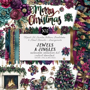 Akvarell clipart-paket med juveler och jinglar | Julblommor i juveltoner, sömlösa mönster och julgrafik | Direkt nedladdning