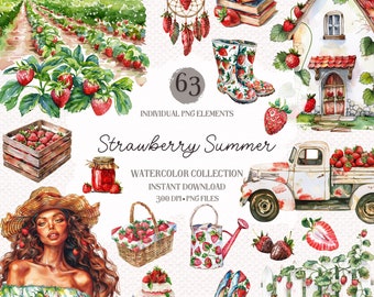 Watercolor Strawberry Clipart Bundle: 63 Summer PNG Designs (Commercial Use)