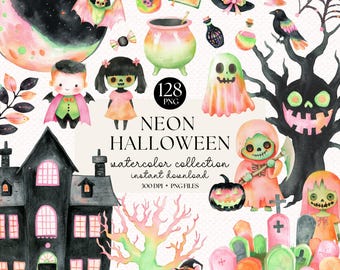 Pacchetto clipart di Halloween al neon: grafica PNG spettrale (download immediato)