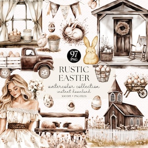 Rustieke Pasen aquarel clipartbundel | 97 png-voorjaarsboerderijillustraties | Digitale download van Bunny Eggs Floral Truck Church