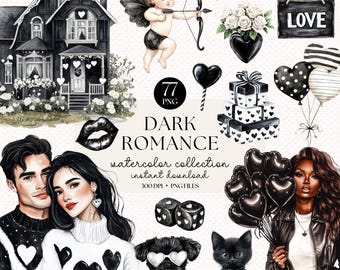 Watercolor Dark Romance Clipart Bundle - Black Aesthetic PNGs for Sublimation & Crafting, High-Quality Illustrations, Valentine&#39;s Day