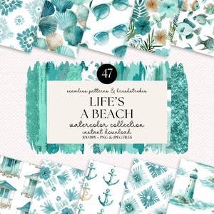 以下が含まれることがあります： ビーチをテーマにした水彩画のパターンと筆致のコレクション。貝殻、サングラス、花の配置など、さまざまなデザインが特徴です。テキストには「LIFE'S A BEACH watercolor collection instant download」と書かれています。