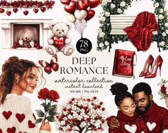 Puede incluir: Una colección de acuarelas titulada "Deep Romance" con varios elementos. Incluye una chimenea, un oso de peluche, globos en forma de corazón, un banco con una manta roja, tacones altos y una pareja. El texto "Be Mine" es visible.
