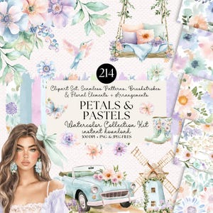 Blütenblätter und Pastelle Aquarell Clipart Bundle | 214 Florale PNGs und Muster | Pastell Frühling Clip Art | Vintage LKW, Blumen, Boho Schaukel