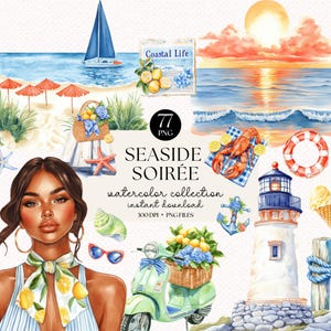 Puede incluir: Ilustración en acuarela con temática costera. Presenta a una mujer, un velero, un faro, un scooter y escenas de playa. Incluye el texto "Seaside Soirée" y "Coastal Life". La paleta de colores incluye azules, naranjas y verdes.