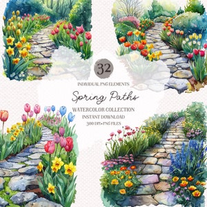 Watercolor Spring Paths Clipart: 32 PNG Garden Designs (Digital Download)
