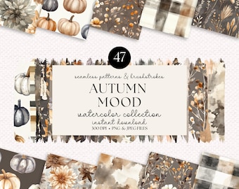 Könnte beinhalten: Ein digitaler Download von 47 nahtlosen Aquarellmustern und Pinselstrichen in Herbstfarben. Die Muster zeigen Kürbisse, Blätter, Blumen und Karomuster. Der Text "AUTUMN MOOD" wird in einer großen Schriftart angezeigt.