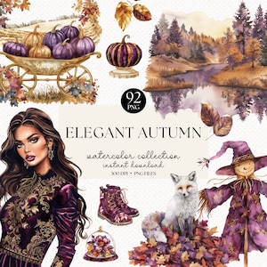 Pacote de clipart de outono elegante em aquarela - PNGs Cottagecore, adesivos fofos de outono e decorações de scrapbooking, clipart de outono de luxo