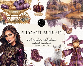 Watercolor Autumn Clipart Bundle: Elegant Cottagecore PNGs (Digital Download)