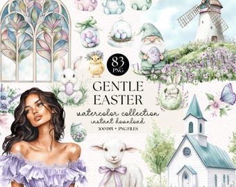 Aquarell Oster Clipart Bundle: Hase, Küken, Lamm PNG (digitaler Download)