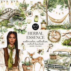 May include: A watercolour illustration titled "Herbal Essence" featuring a woman, swans, a bridge, a fox, a deer, a vintage car, and other nature-themed elements. The image includes text that reads "Herbal Essence watercolor collection instant download 300 DPI PNG files."