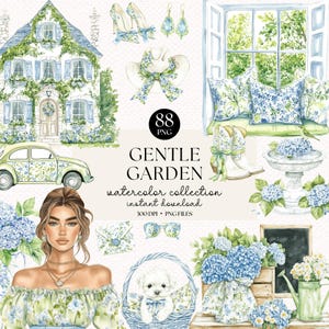 Frühling Aquarell Clipart Bundle | Cottagecore Floral digitaler Download, blaue Hortensie Kunst, Instant Design Set für Kreative
