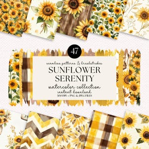 Könnte beinhalten: Eine Sammlung von Aquarellmustern und Pinselstrichen mit Sonnenblumen. Das Bild zeigt verschiedene Designs mit gelben Sonnenblumen, grünen Blättern und braunen Akzenten. Der Text lautet "SUNFLOWER SERENITY watercolor collection instant download".