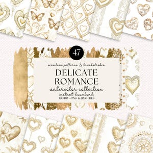 Pacchetto di motivi senza soluzione di continuità con acquerelli romantici, carte digitali con cuori dorati, file PNG e JPEG con download immediato, arte per album da 300 DPI