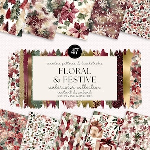 May include: A collection of 47 watercolor patterns and brushstrokes with a floral and festive theme. The designs include poinsettias, snowflakes, and gift boxes in shades of red, green, and gold. The text reads "FLORAL & FESTIVE watercolor collection instant download".