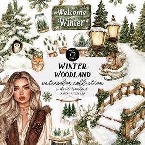 May include: Watercolor illustration with a winter woodland theme. The image features a woman, animals, and winter elements like snow, trees, and a bridge. Text includes "Welcome Winter" and "Winter Woodland watercolor collection".