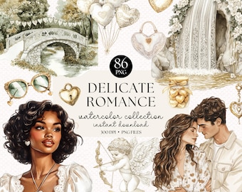Watercolor Romance Clipart Bundle: 86 PNG Elements (Digital Download)