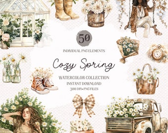 May include: A watercolor illustration set of 50 individual PNG elements featuring a cozy spring theme. The set includes images of flowers, a greenhouse, boots, a bucket, a swing, a clock, a bag, a truck, a bow, books, and a woman sleeping in a field of flowers. The text "Cozy Spring Watercolor Collection Instant Download 300 DPI PNG Files" is included in the image.